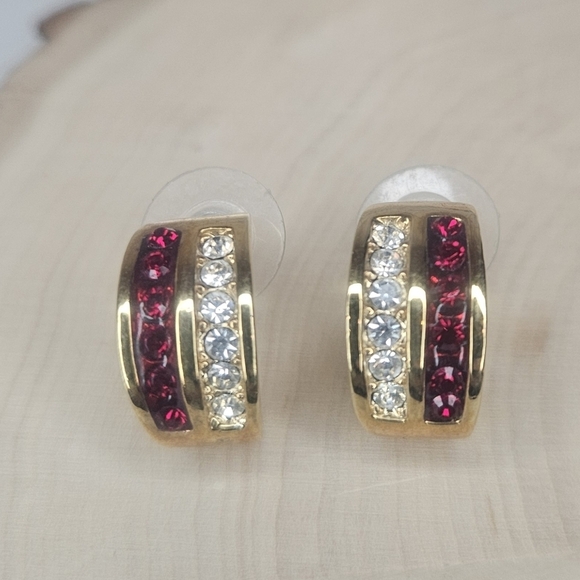 Vintage Jewelry - Vintage Roman Gold Tone With Red And Clear Rhinestones 1970s-1980s EUC Huggie